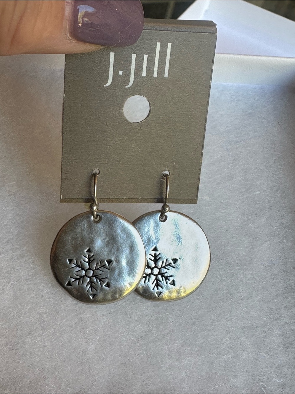 J. Jill Matte Silver Tone Stamped Snowflake Medallion Dangle Earrings